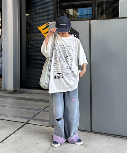UNISEX 輕磅彩色卷邊破壞做舊牛仔褲