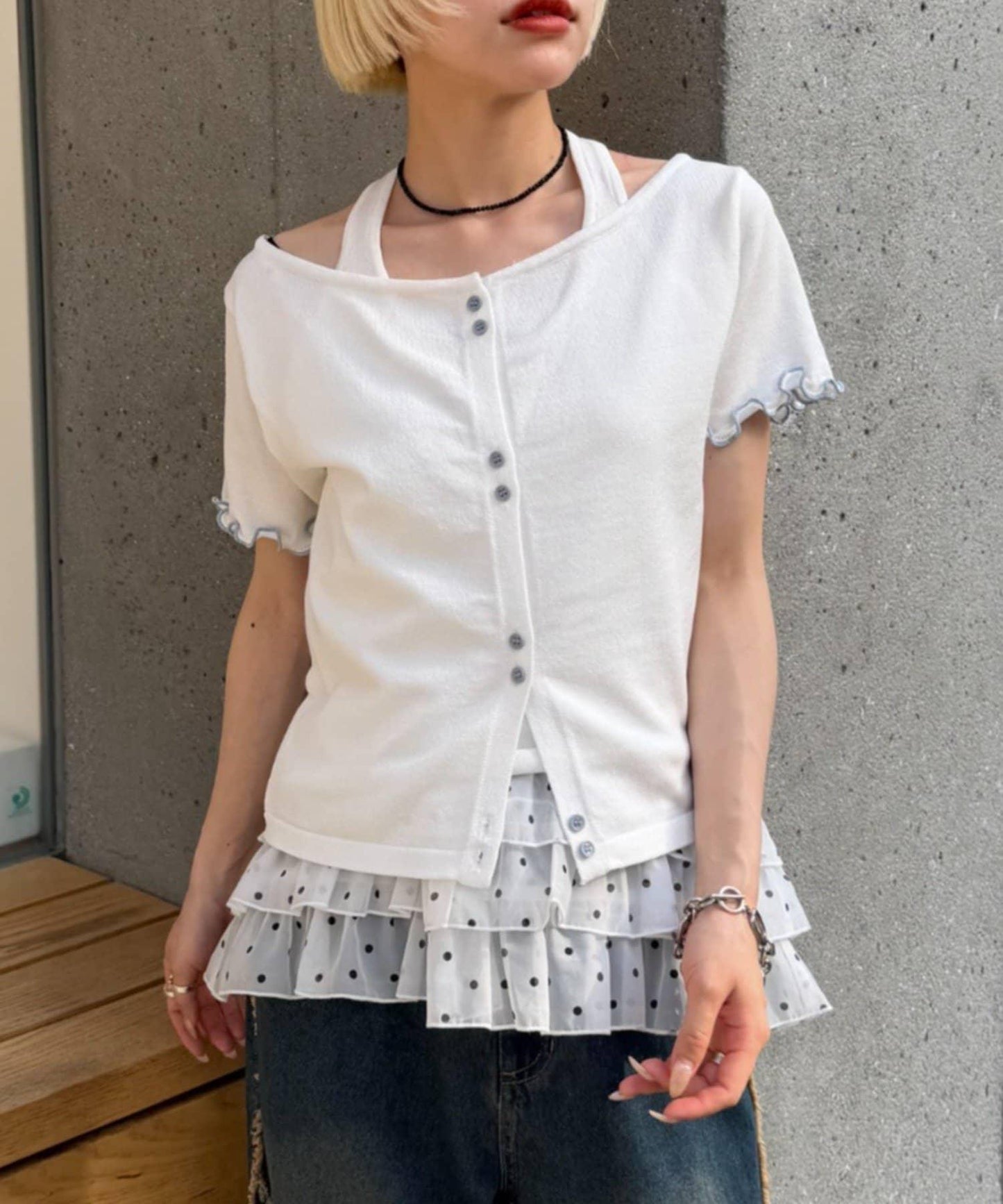 w closet 掛脖拼接疊穿針織T恤 夏裝