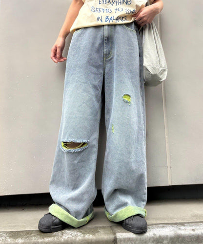 UNISEX 輕磅彩色卷邊破壞做舊牛仔褲