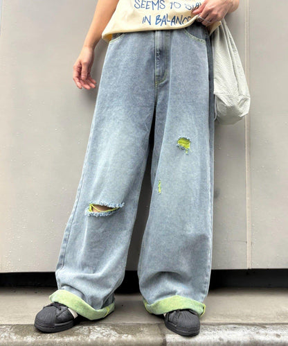 UNISEX 輕磅彩色卷邊破壞做舊牛仔褲