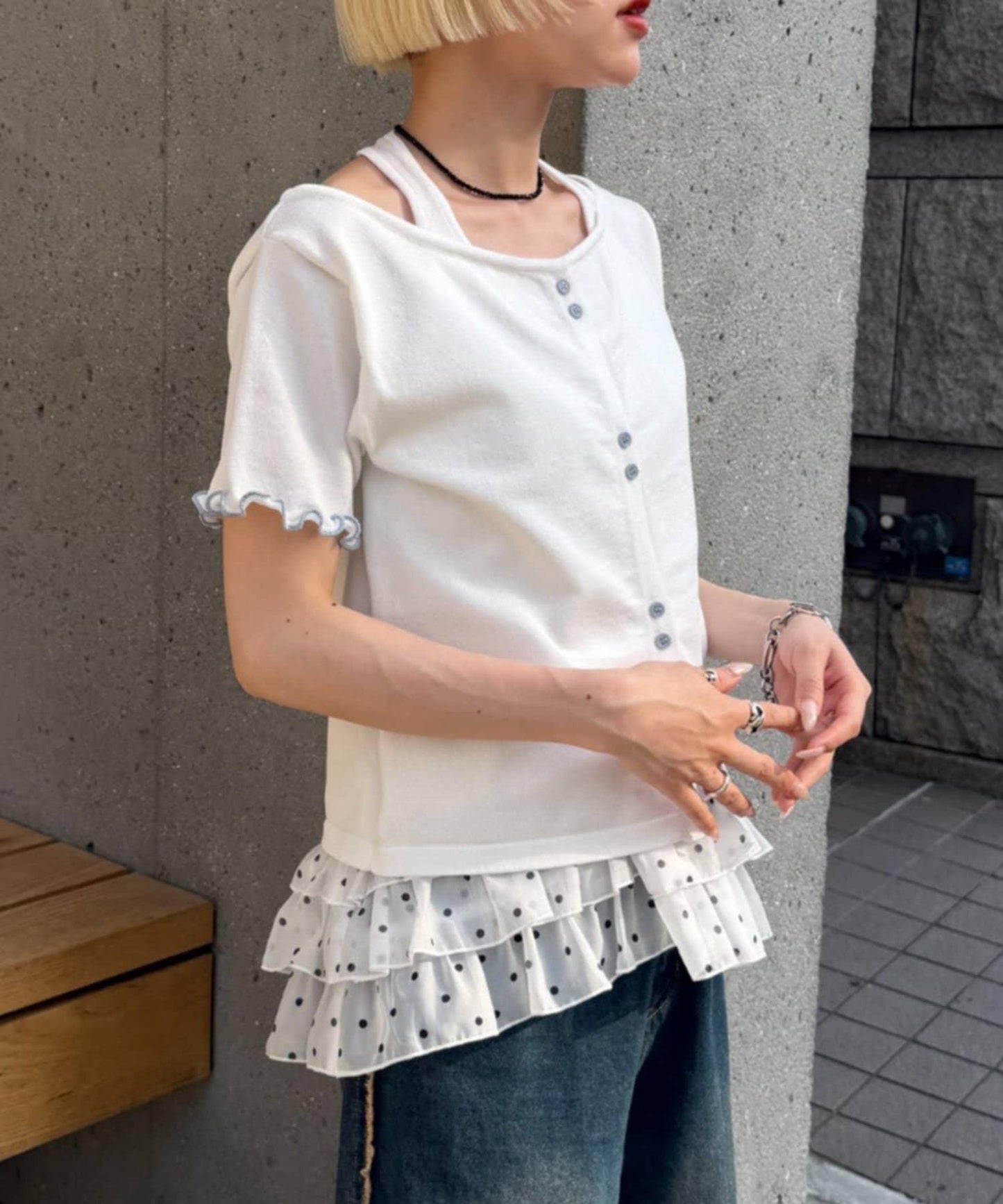 w closet 掛脖拼接疊穿針織T恤 夏裝