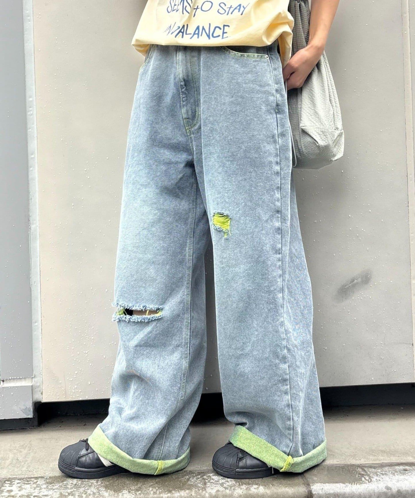 UNISEX 輕磅彩色卷邊破壞做舊牛仔褲