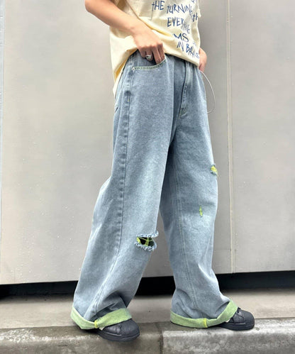 UNISEX 輕磅彩色卷邊破壞做舊牛仔褲