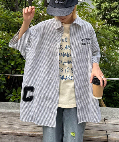 條紋刺繡 寬鬆 襯衫