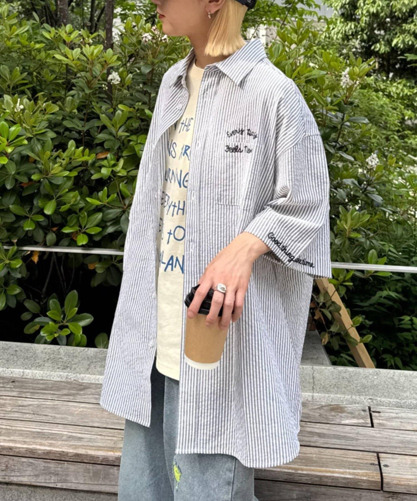 條紋刺繡 寬鬆 襯衫
