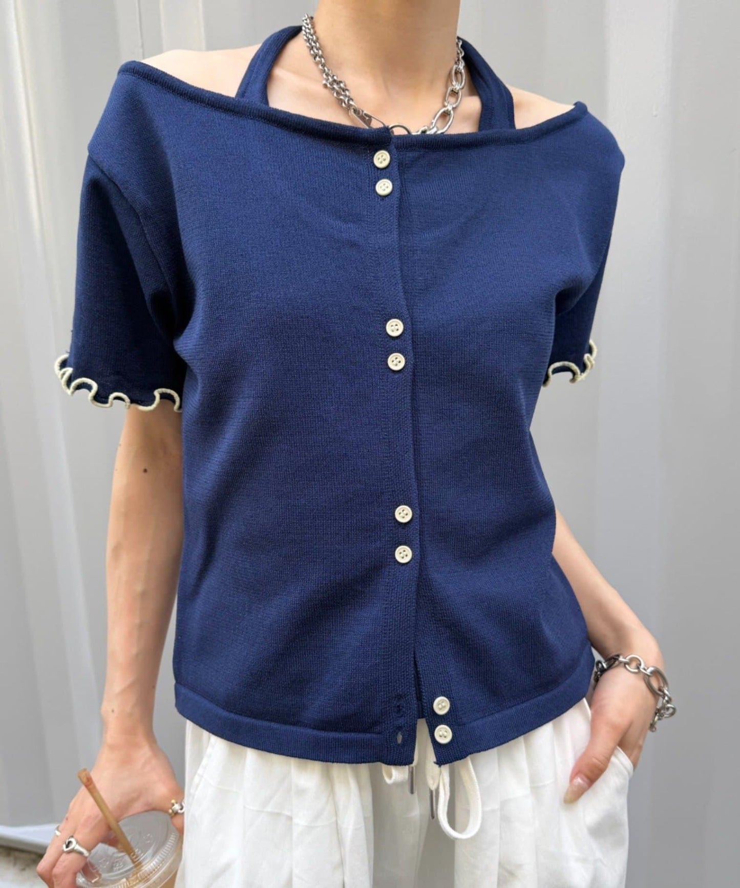 w closet 掛脖拼接疊穿針織T恤 夏裝