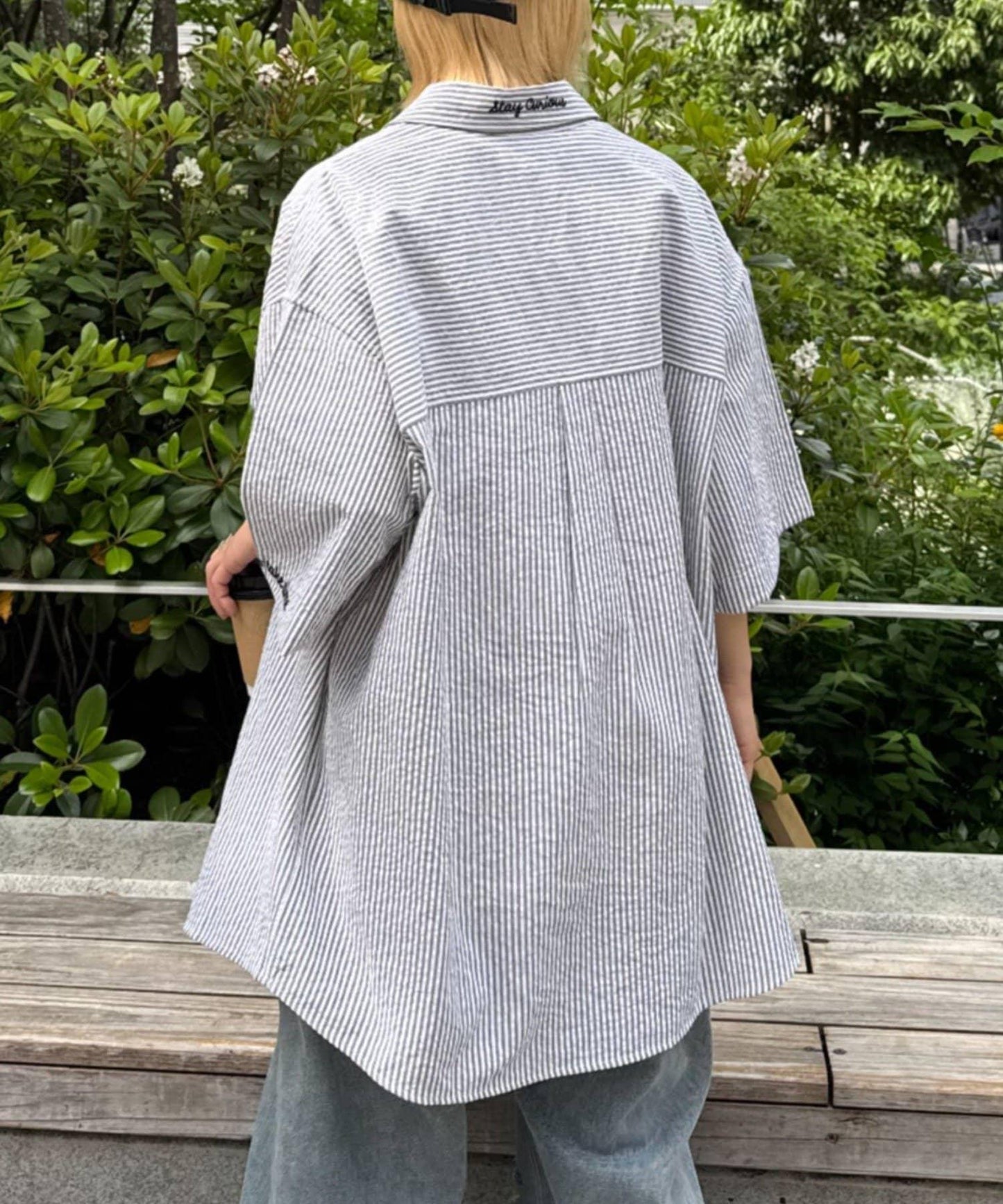 條紋刺繡 寬鬆 襯衫