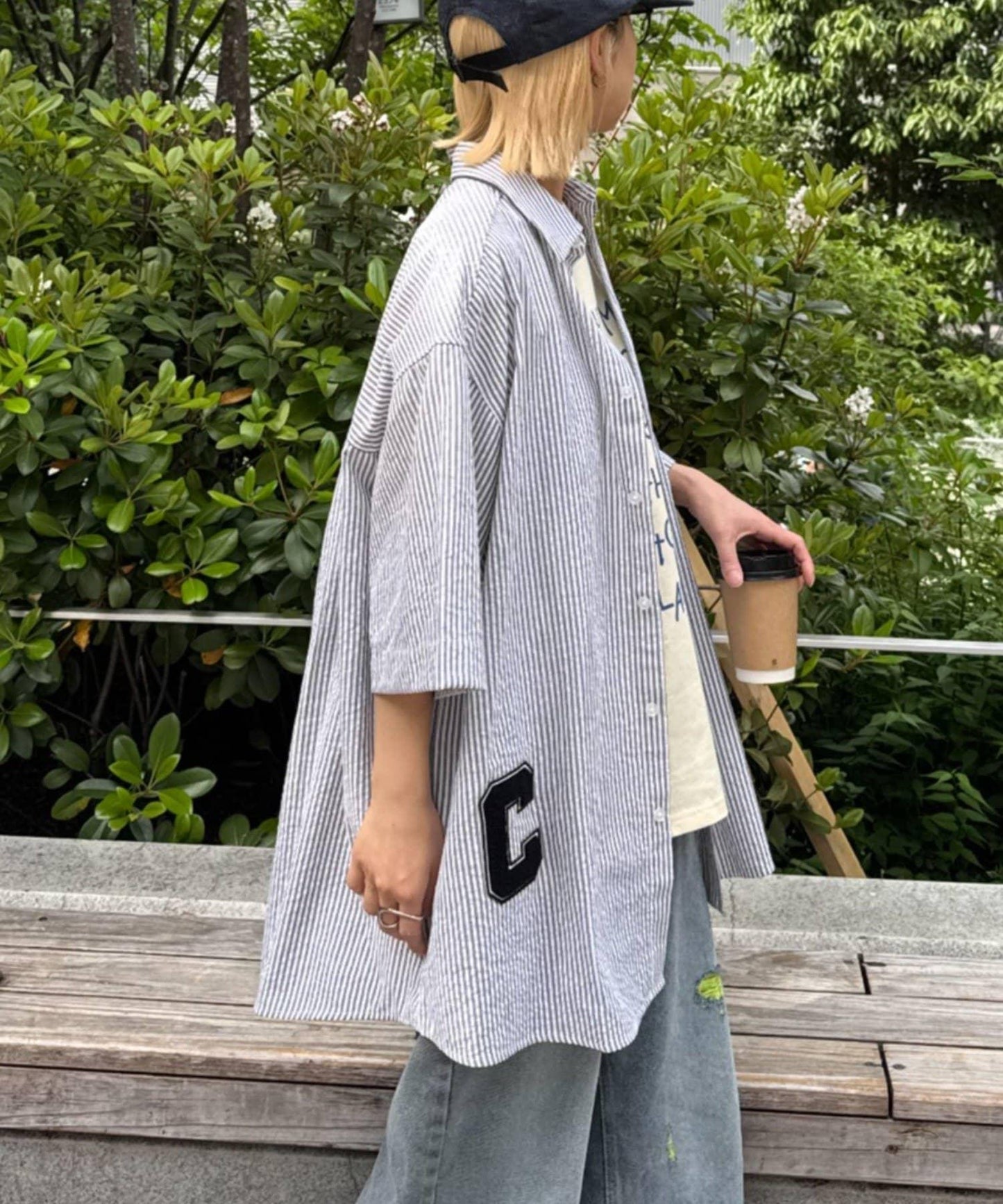 條紋刺繡 寬鬆 襯衫