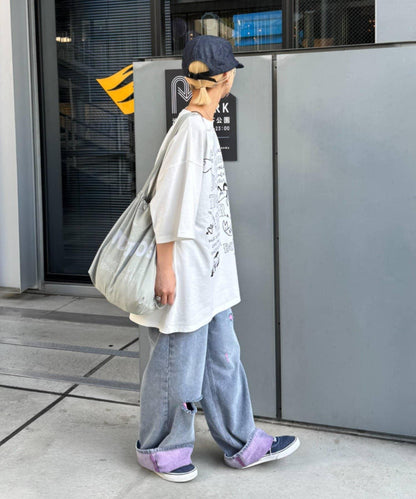 UNISEX 輕磅彩色卷邊破壞做舊牛仔褲