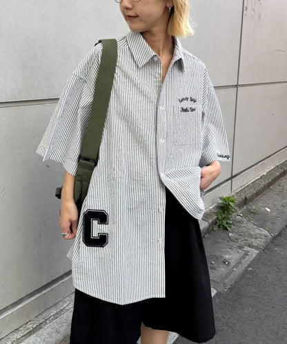 條紋刺繡 寬鬆 襯衫