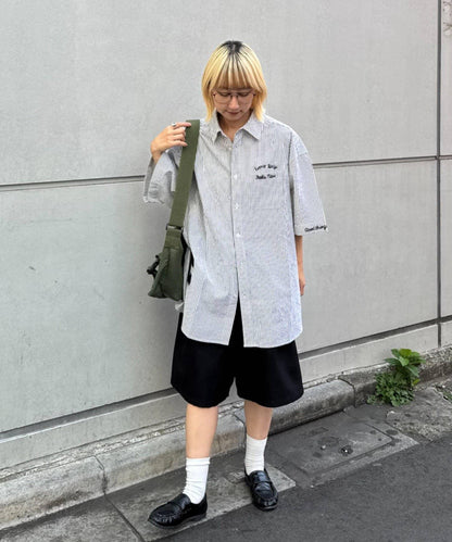 條紋刺繡 寬鬆 襯衫