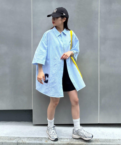 條紋刺繡 寬鬆 襯衫