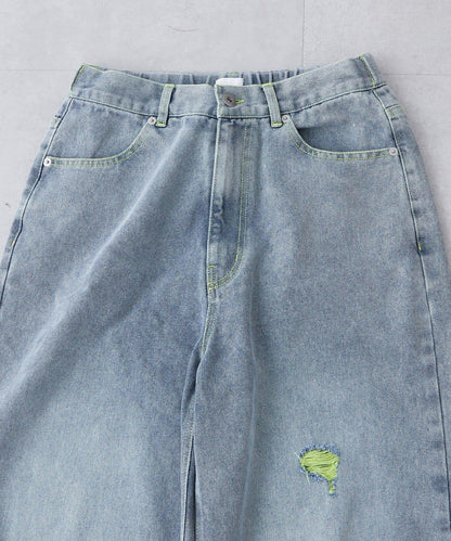 UNISEX 輕磅彩色卷邊破壞做舊牛仔褲