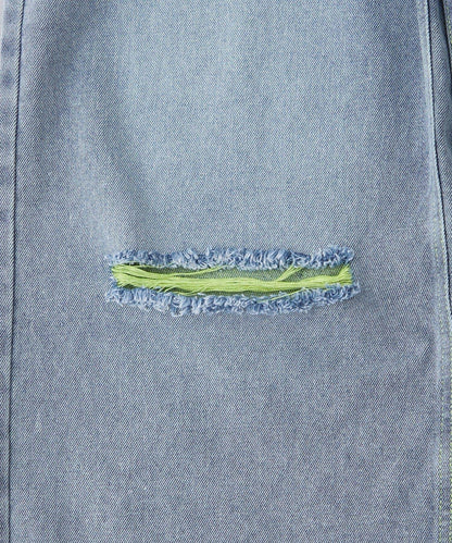 UNISEX 輕磅彩色卷邊破壞做舊牛仔褲