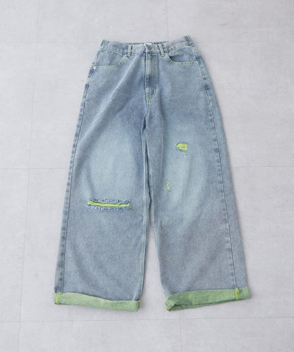 UNISEX 輕磅彩色卷邊破壞做舊牛仔褲