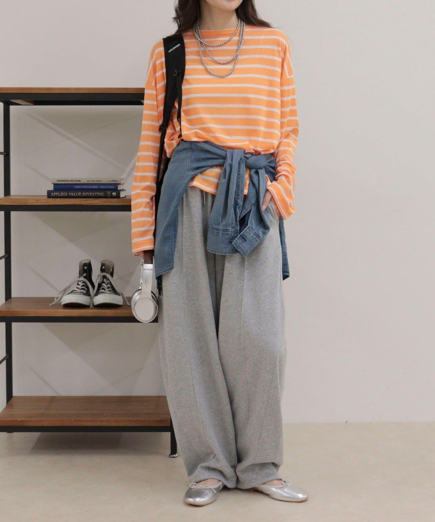 心形刺繡透感條紋長袖T恤