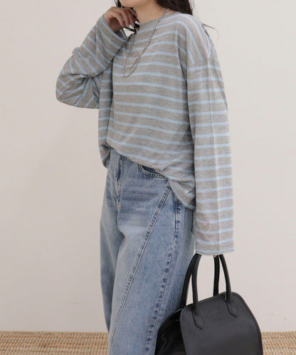 心形刺繡透感條紋長袖T恤