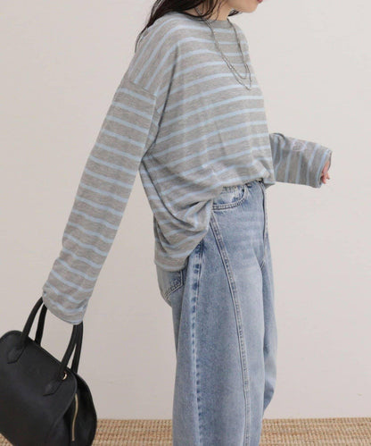 心形刺繡透感條紋長袖T恤