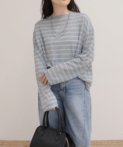 心形刺繡透感條紋長袖T恤