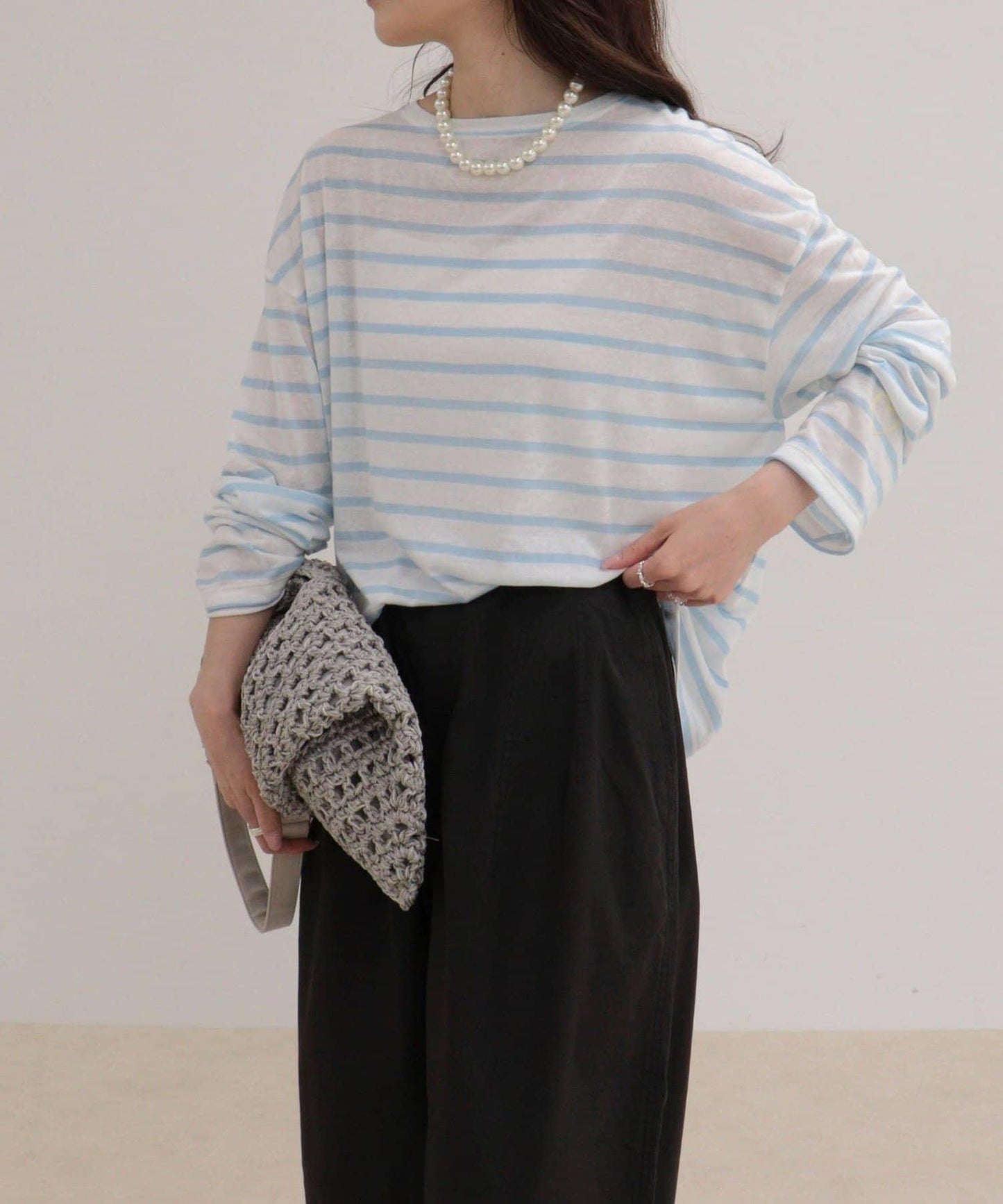 心形刺繡透感條紋長袖T恤