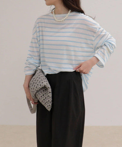 心形刺繡透感條紋長袖T恤