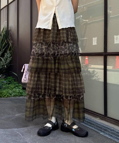 拼接圖案網紗層疊長款半身裙