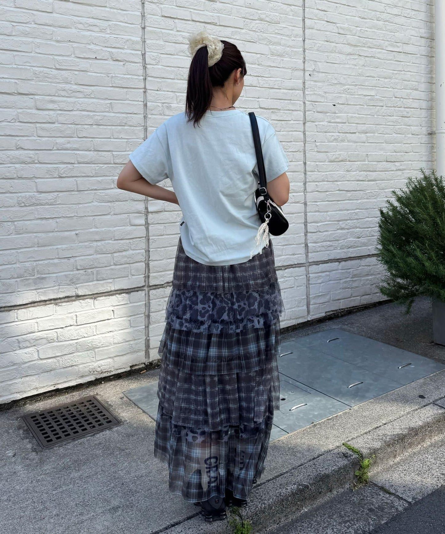 拼接圖案網紗層疊長款半身裙