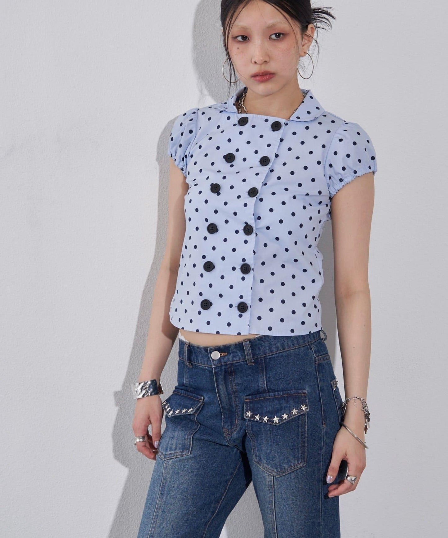 雙排扣短款泡泡袖襯衫