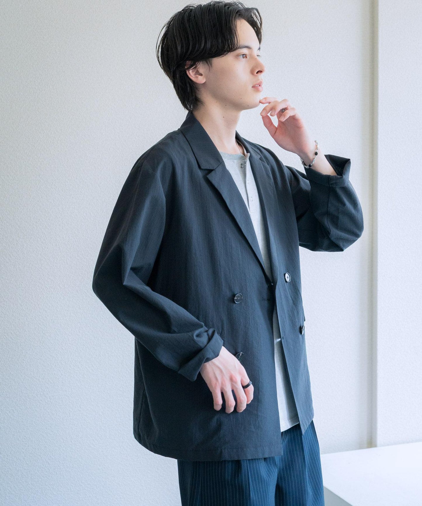 泡泡紗雙排扣西裝外套