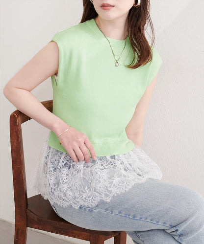 下襬蕾絲 法式短袖 針織套頭衫