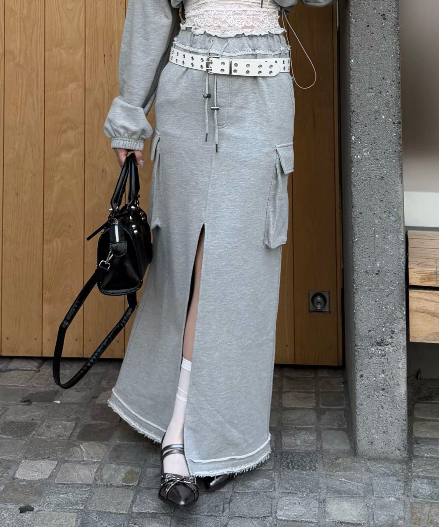 可成套穿著 長款 工裝開叉 衛衣半身裙
