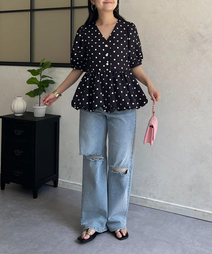 短袖泡泡袖V領蓬鬆荷葉下襬襯衫