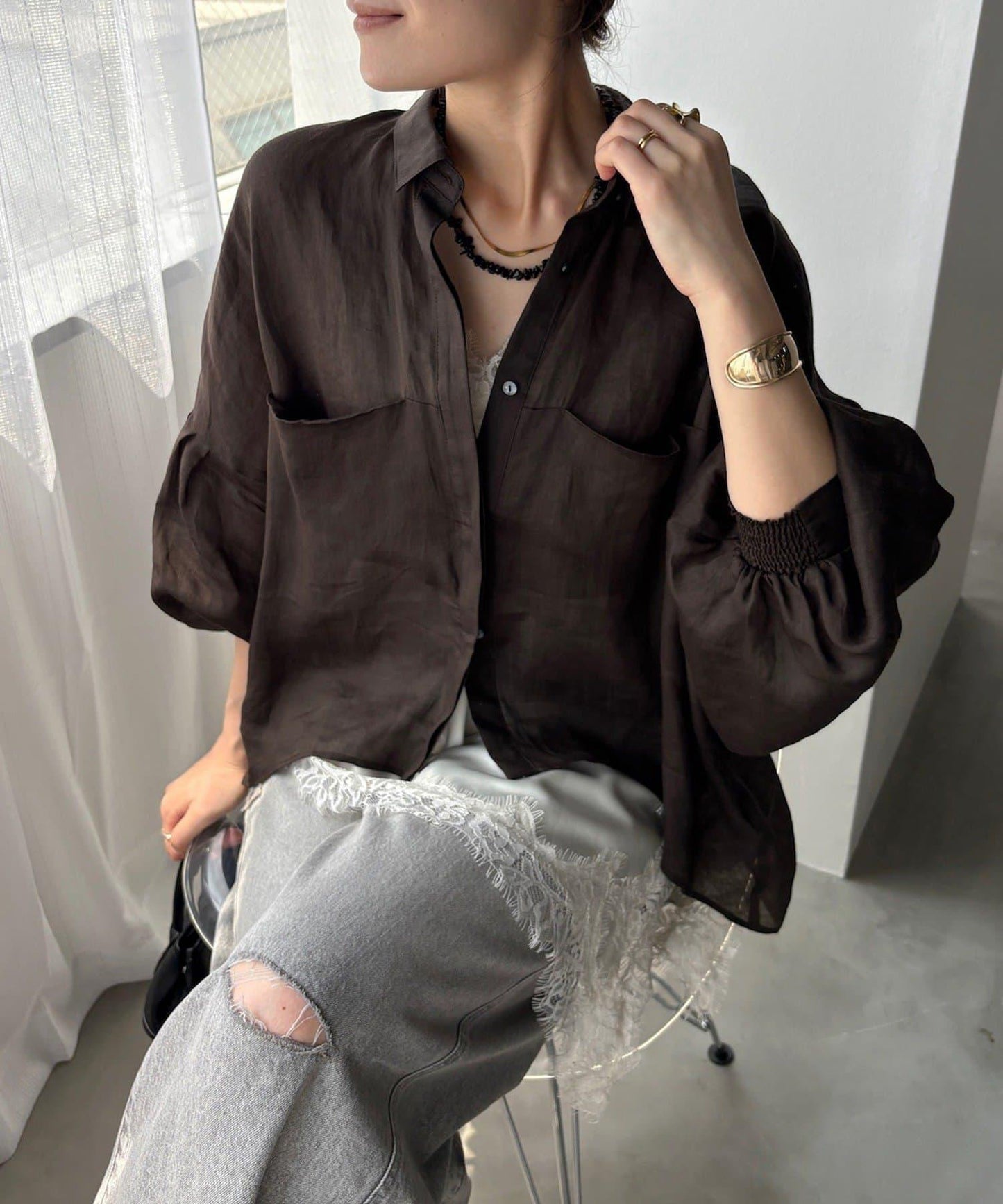 亞麻雙口袋襯衫