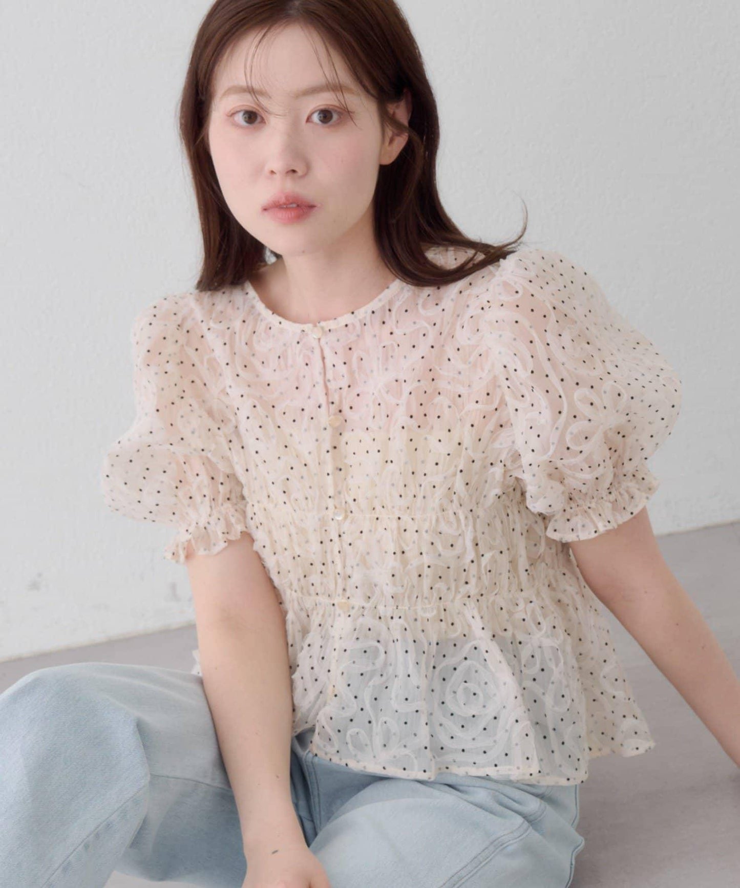 波點網紗泡泡袖 女式襯衫 款