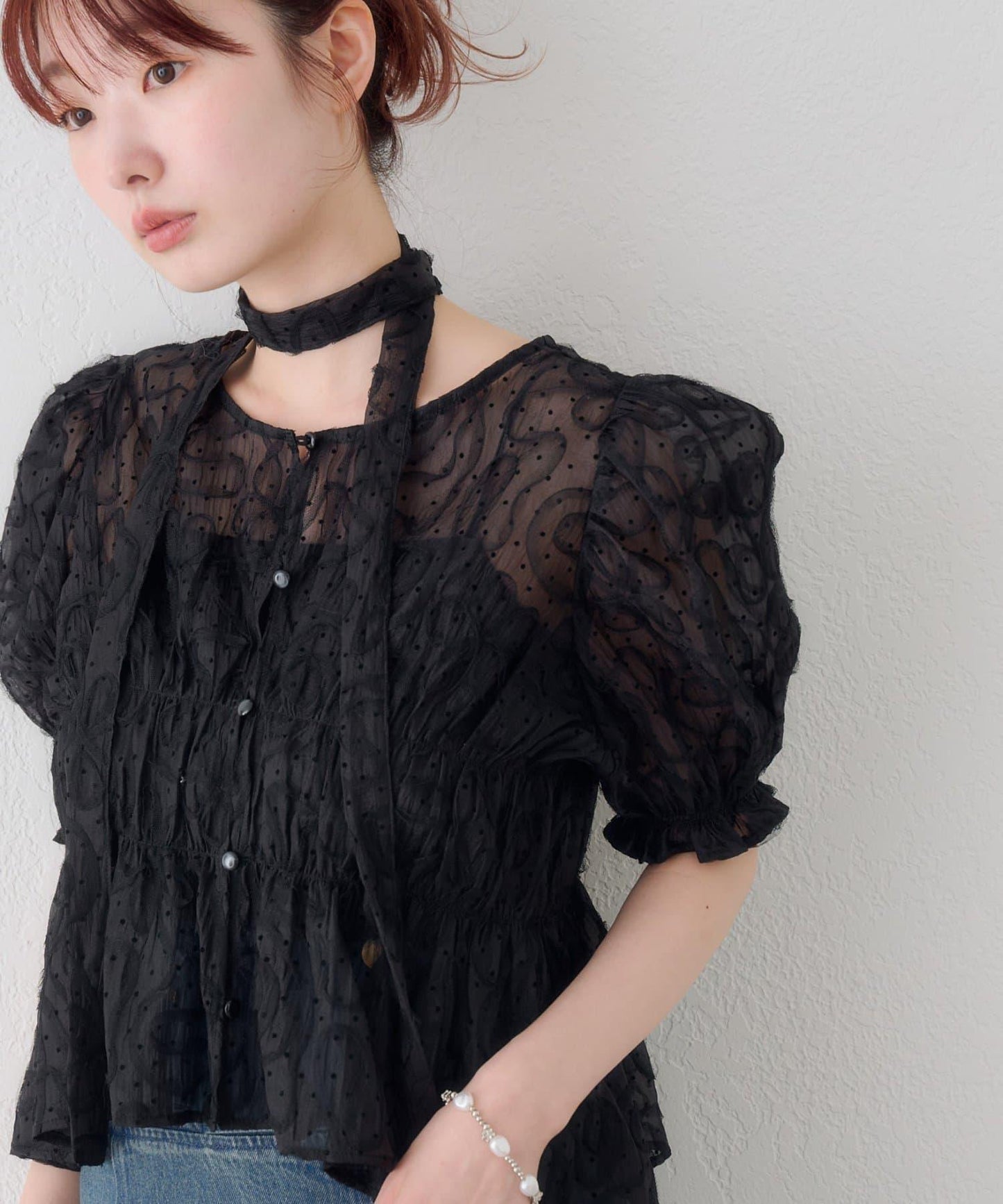 波點網紗泡泡袖 女式襯衫 款