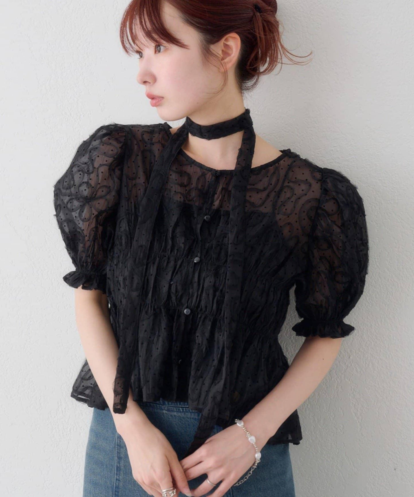 波點網紗泡泡袖 女式襯衫 款