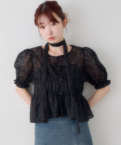 波點網紗泡泡袖 女式襯衫 款