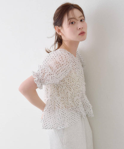 波點網紗泡泡袖 女式襯衫 款