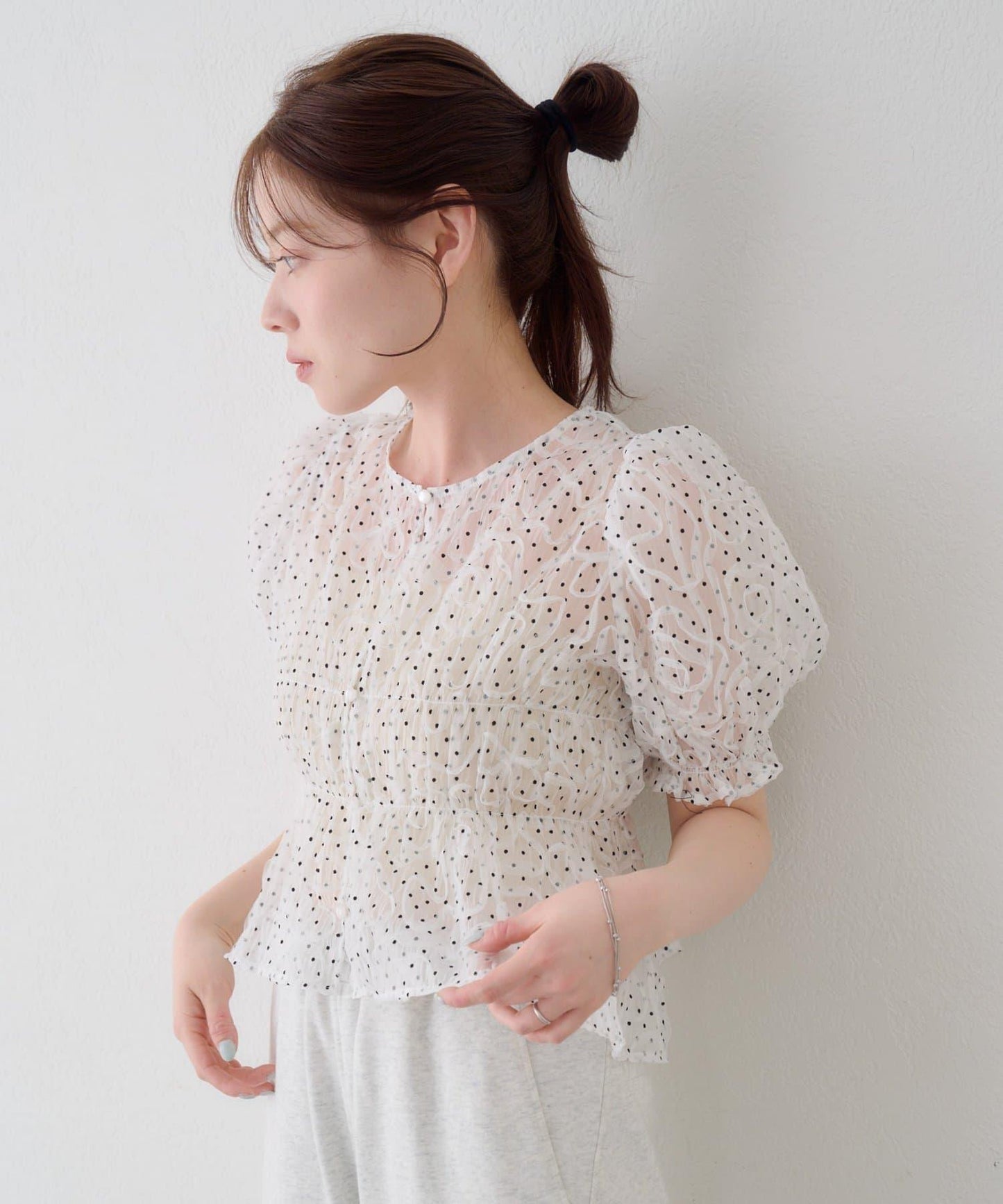 波點網紗泡泡袖 女式襯衫 款