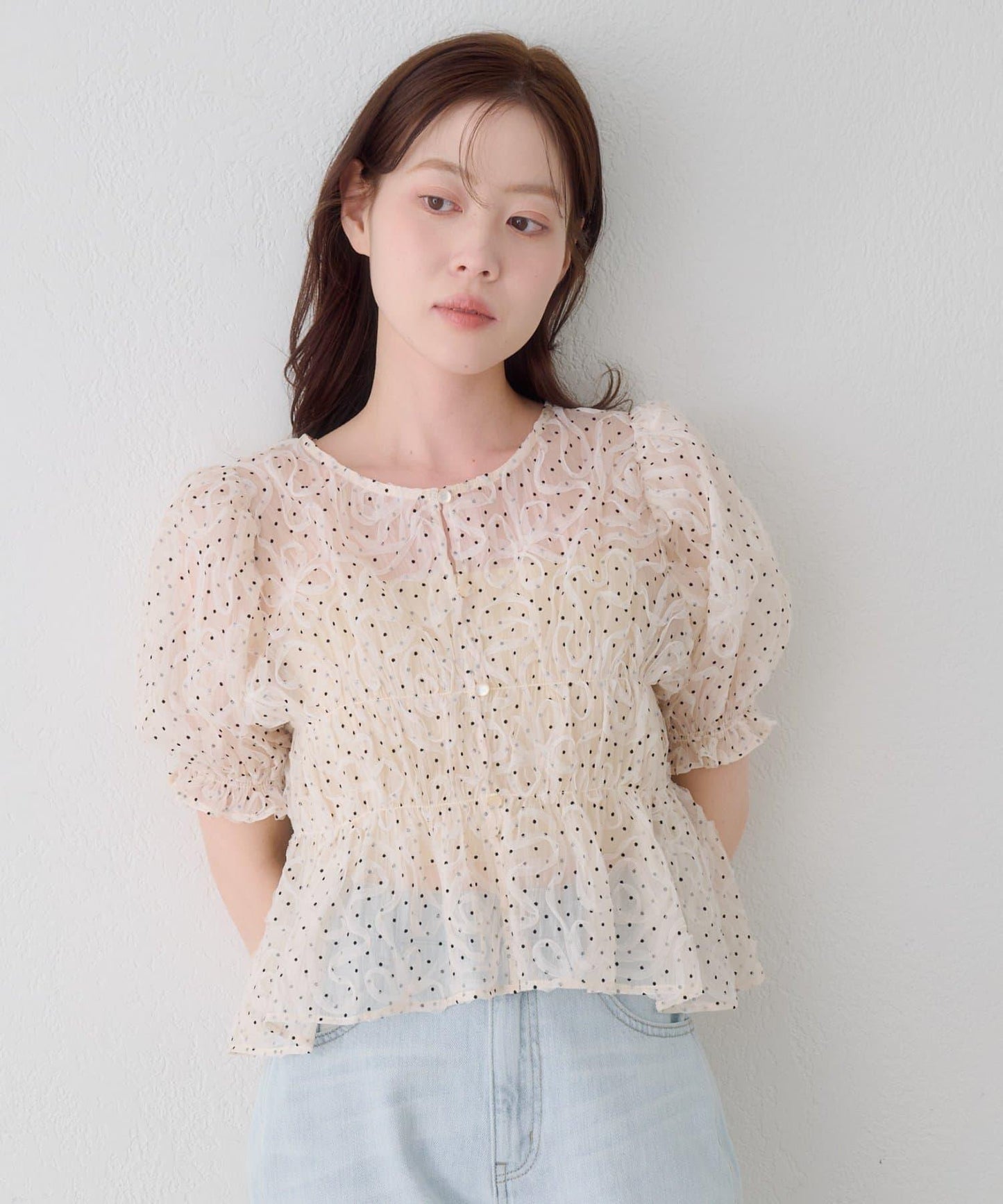 波點網紗泡泡袖 女式襯衫 款