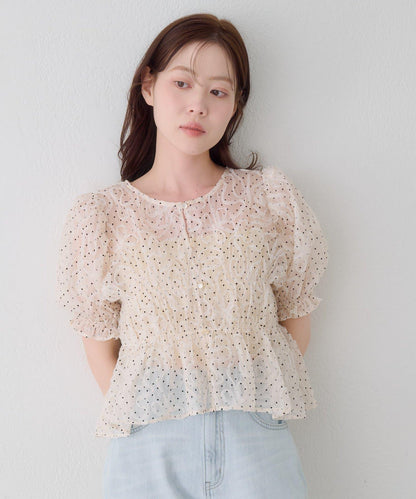 波點網紗泡泡袖 女式襯衫 款