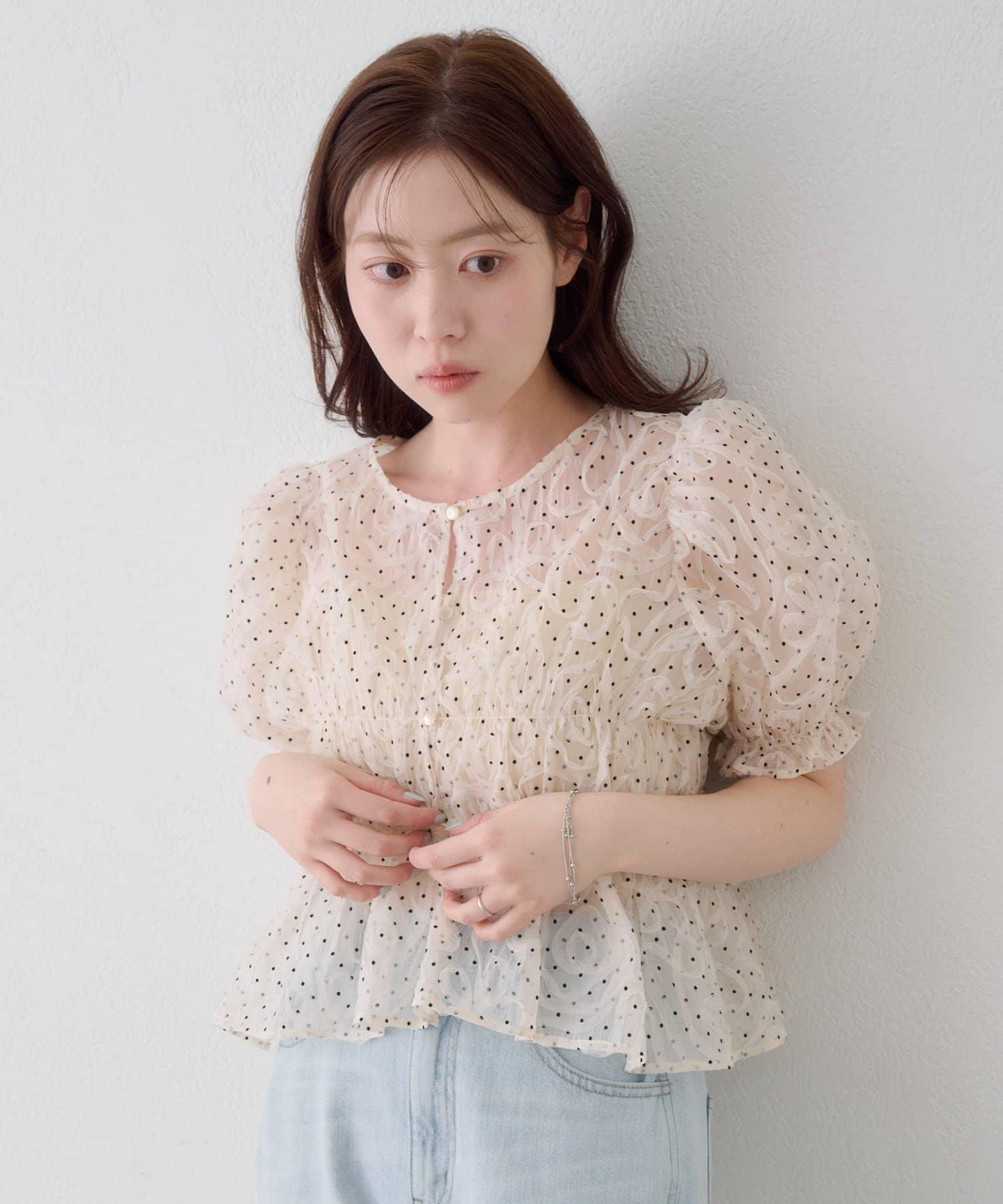 波點網紗泡泡袖 女式襯衫 款