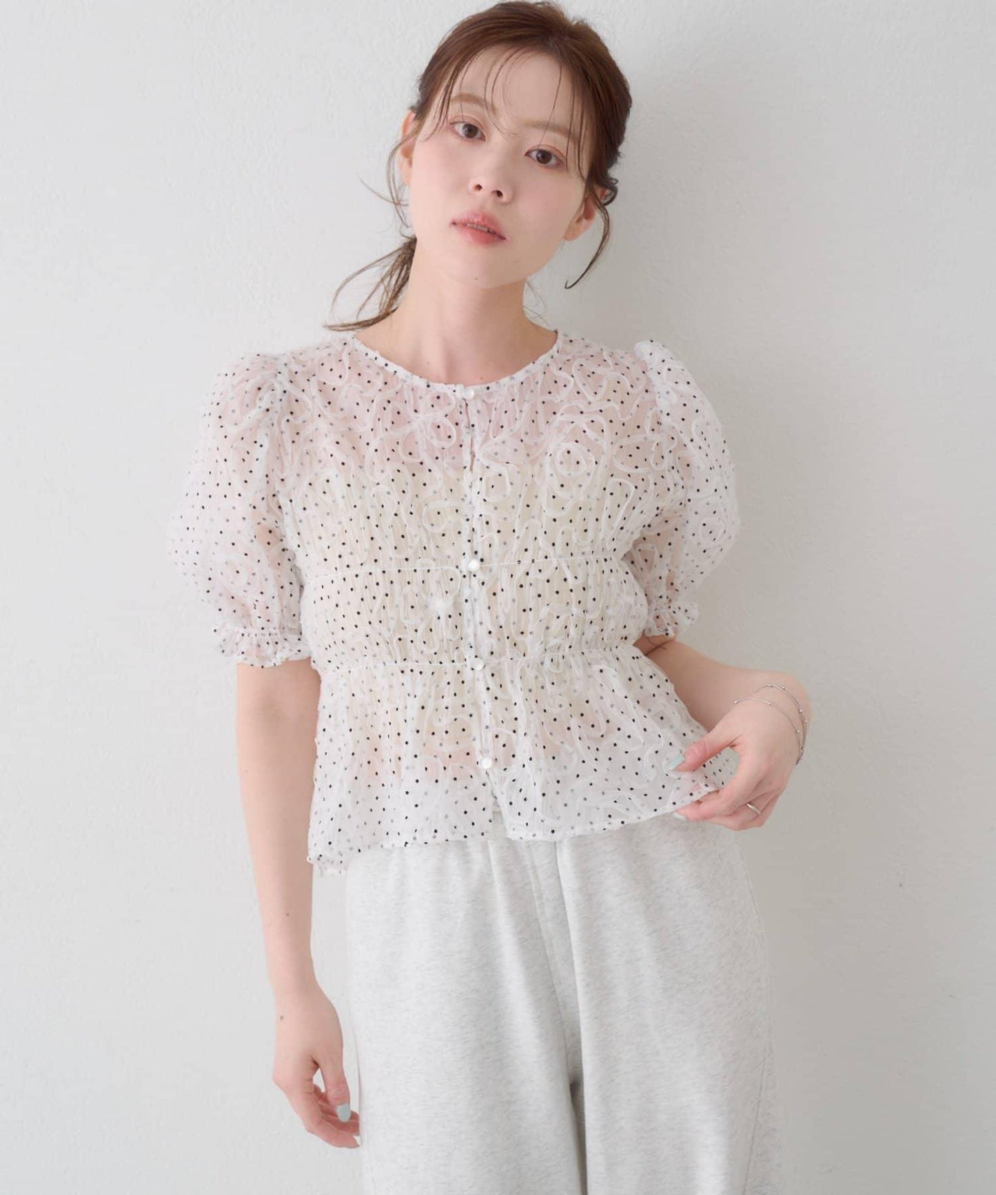 波點網紗泡泡袖 女式襯衫 款