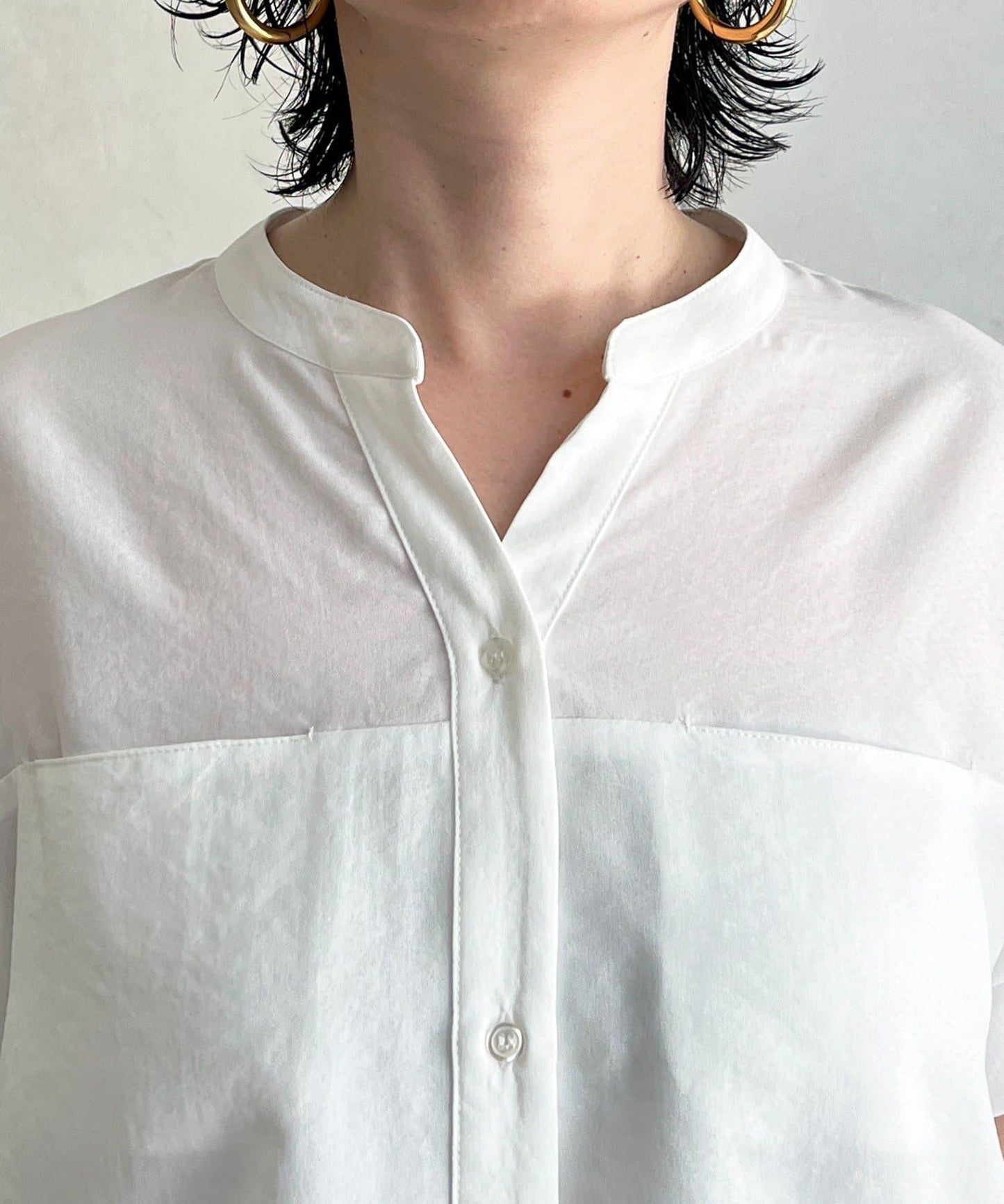 麻感 開襟領 背部織帶 襯衫
