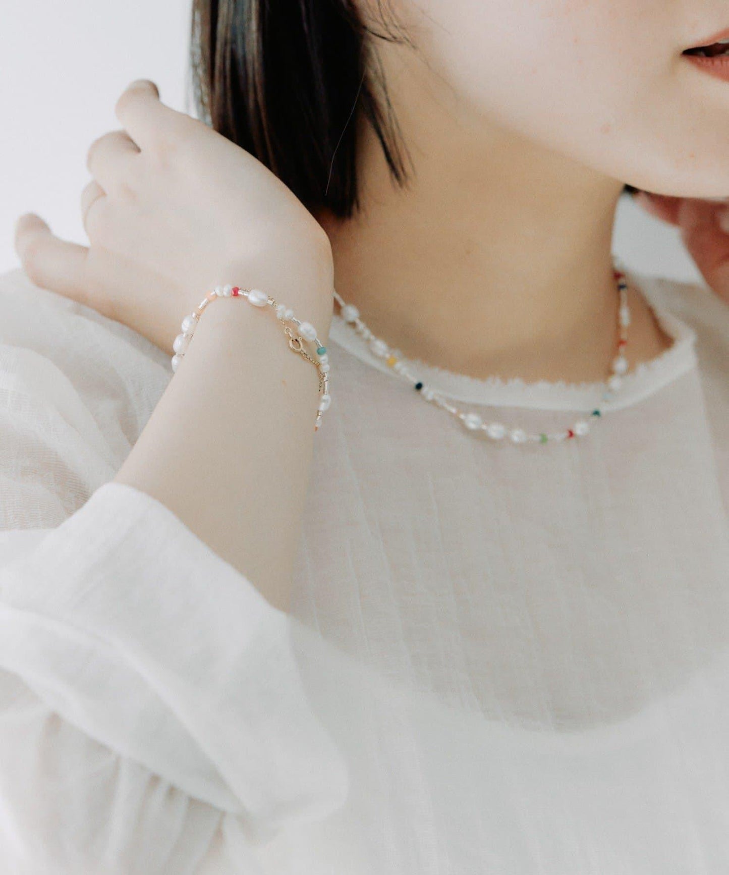 《スターリングシルバー使用》 彩色珍珠手鍊