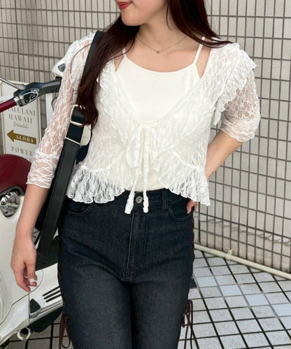 荷葉邊蕾絲短款小開衫