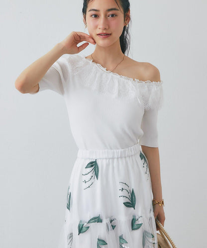 【La boutique BonBon】UV防曬單肩蕾絲荷葉邊針織衫