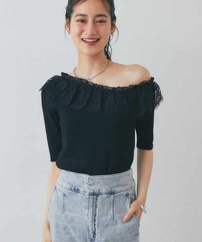 【La boutique BonBon】UV防曬單肩蕾絲荷葉邊針織衫
