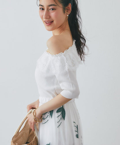 【La boutique BonBon】UV防曬單肩蕾絲荷葉邊針織衫