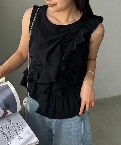 不對稱荷葉邊 無袖設計 T恤（HAPPY BAG対象アイテム）